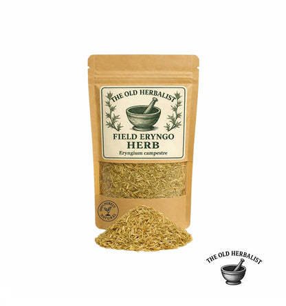Dried field eryngo herb in kraft pouch – herbal ingredient.
