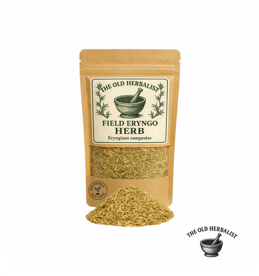 Dried field eryngo herb in kraft pouch – herbal ingredient.
