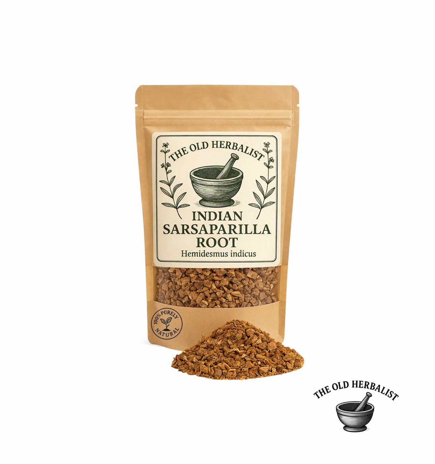 Bag of Indian Sarsaparilla Root with product and brand label on a white background