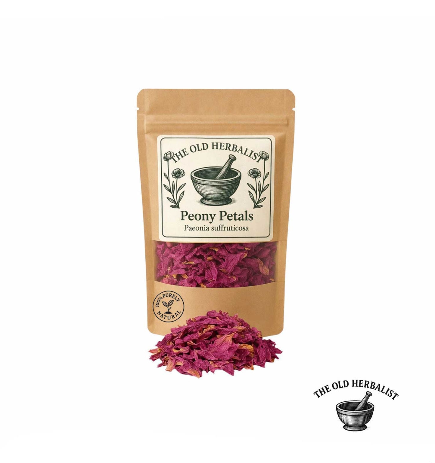 Dried peony petals in kraft pouch – floral herbal ingredient.
