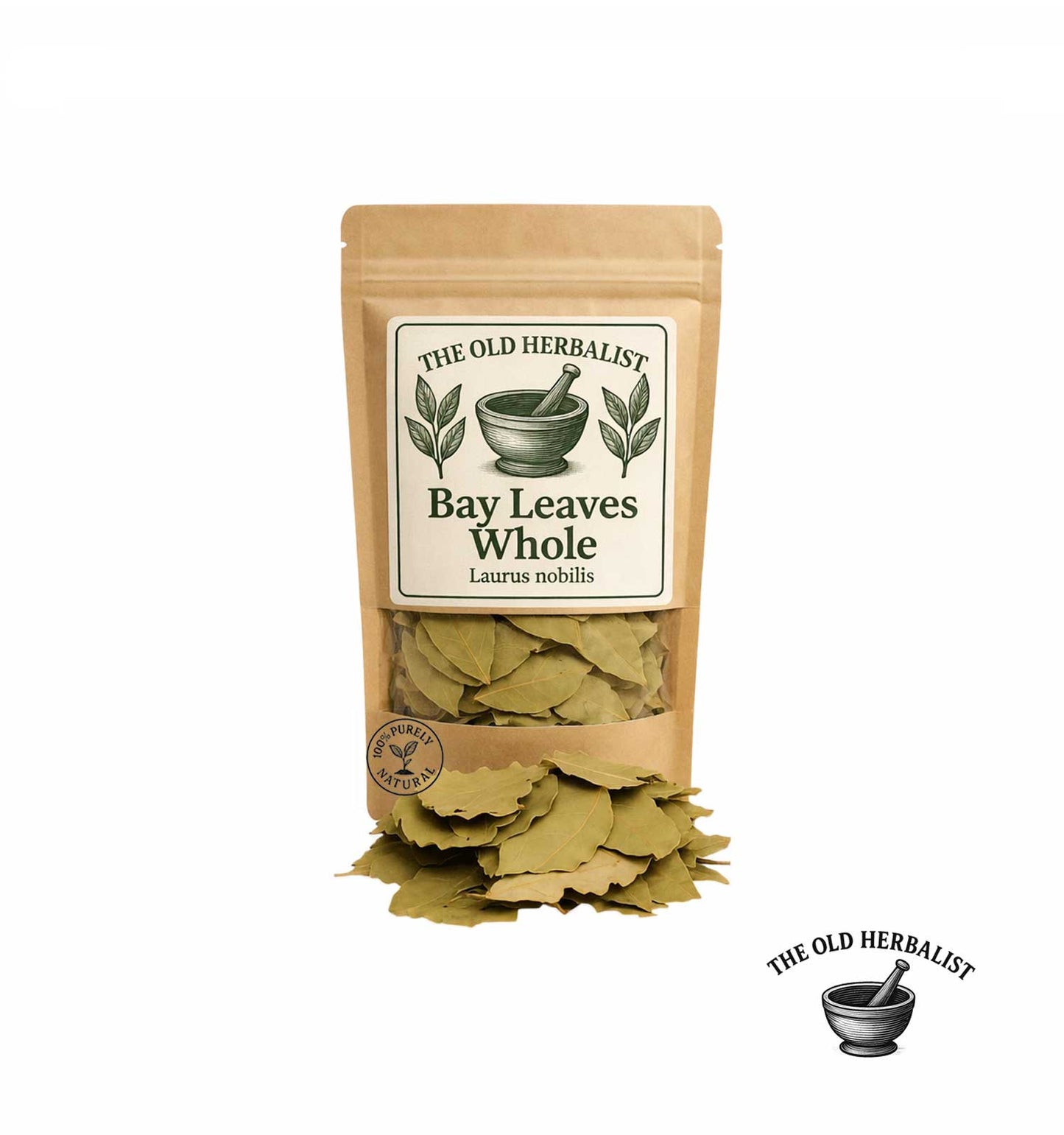 Whole dried bay leaves in kraft pouch – aromatic culinary herb.
