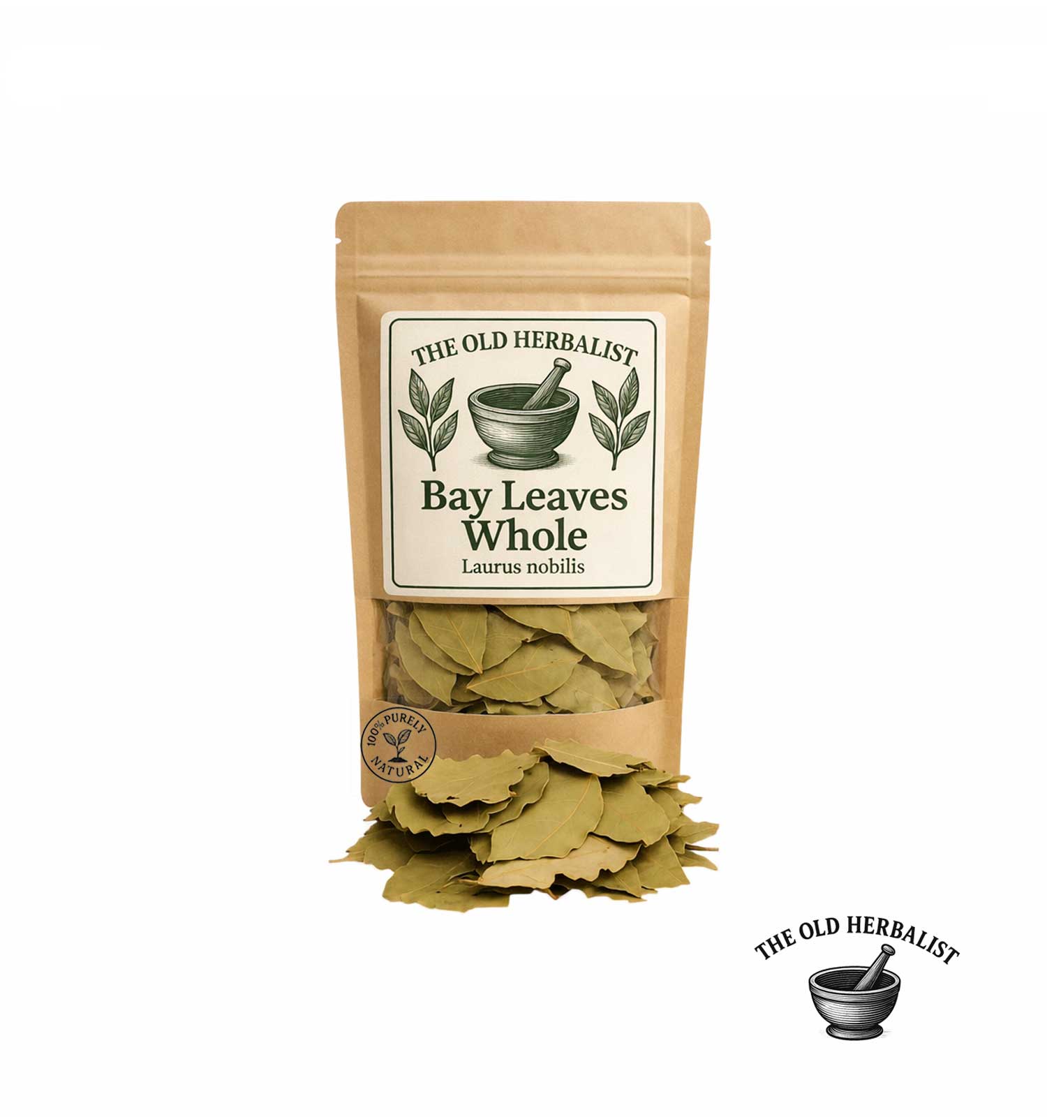 Whole dried bay leaves in kraft pouch – aromatic culinary herb.
