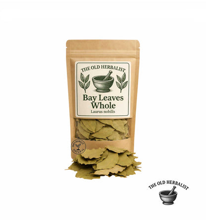 Whole dried bay leaves in kraft pouch – aromatic culinary herb.
