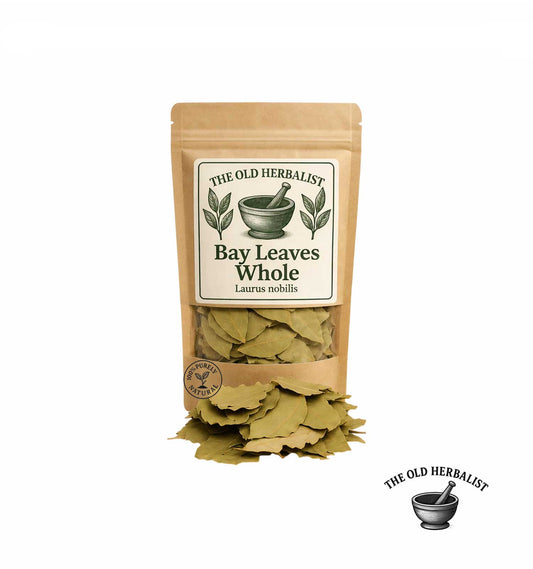 Whole dried bay leaves in kraft pouch – aromatic culinary herb.
