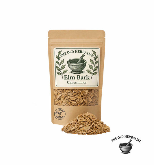 Dried elm bark pieces in kraft pouch – herbal bark ingredient.
