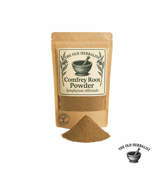 Comfrey root powder in kraft pouch – natural herbal ingredient.