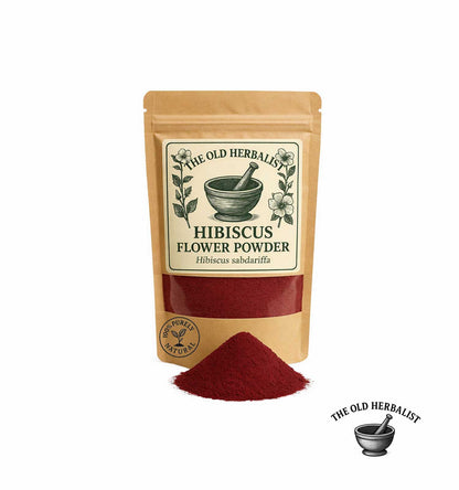 Hibiscus flower powder in kraft pouch – natural herbal ingredient.