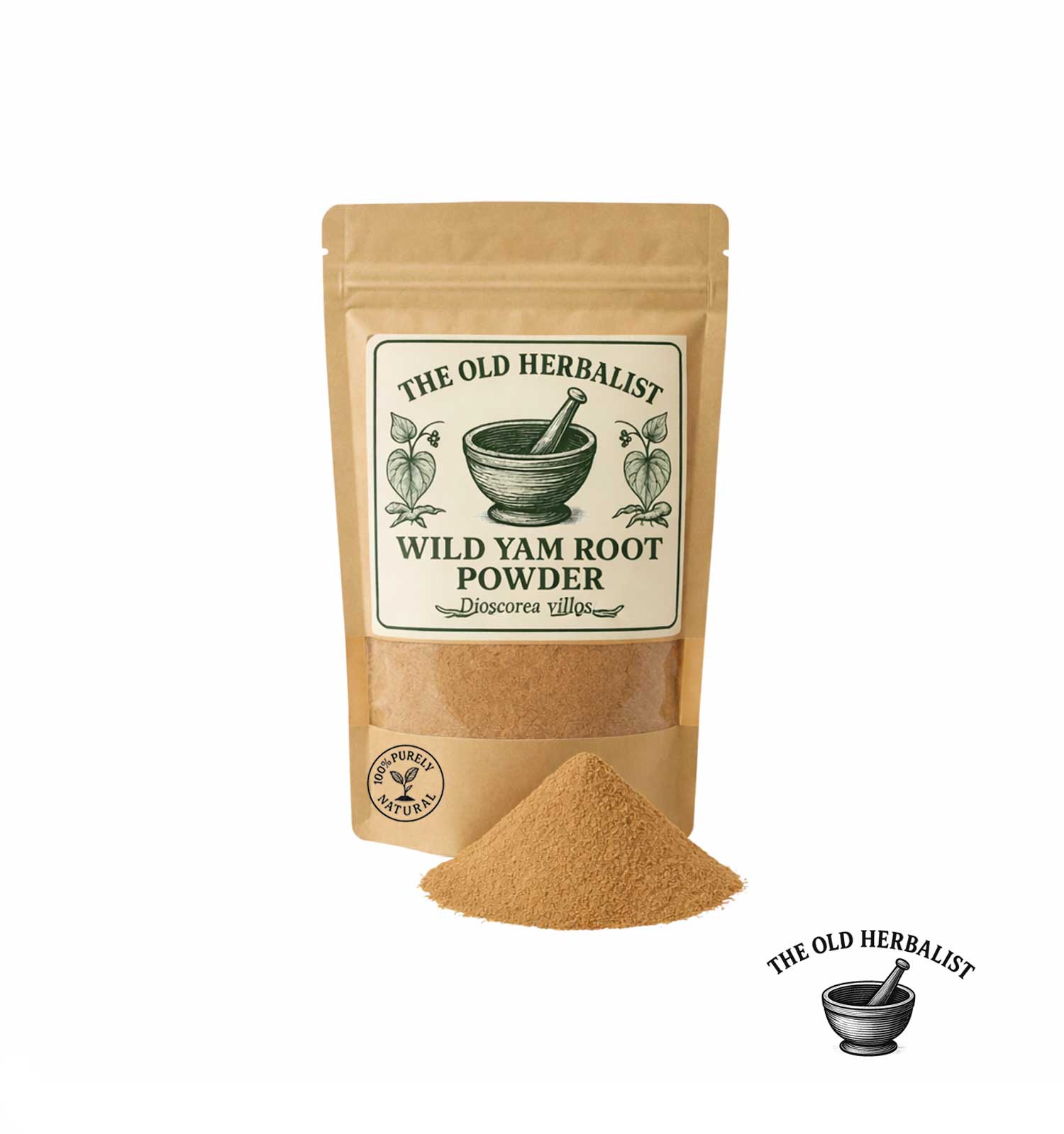 Wild yam root powder in kraft pouch – herbal root powder.
