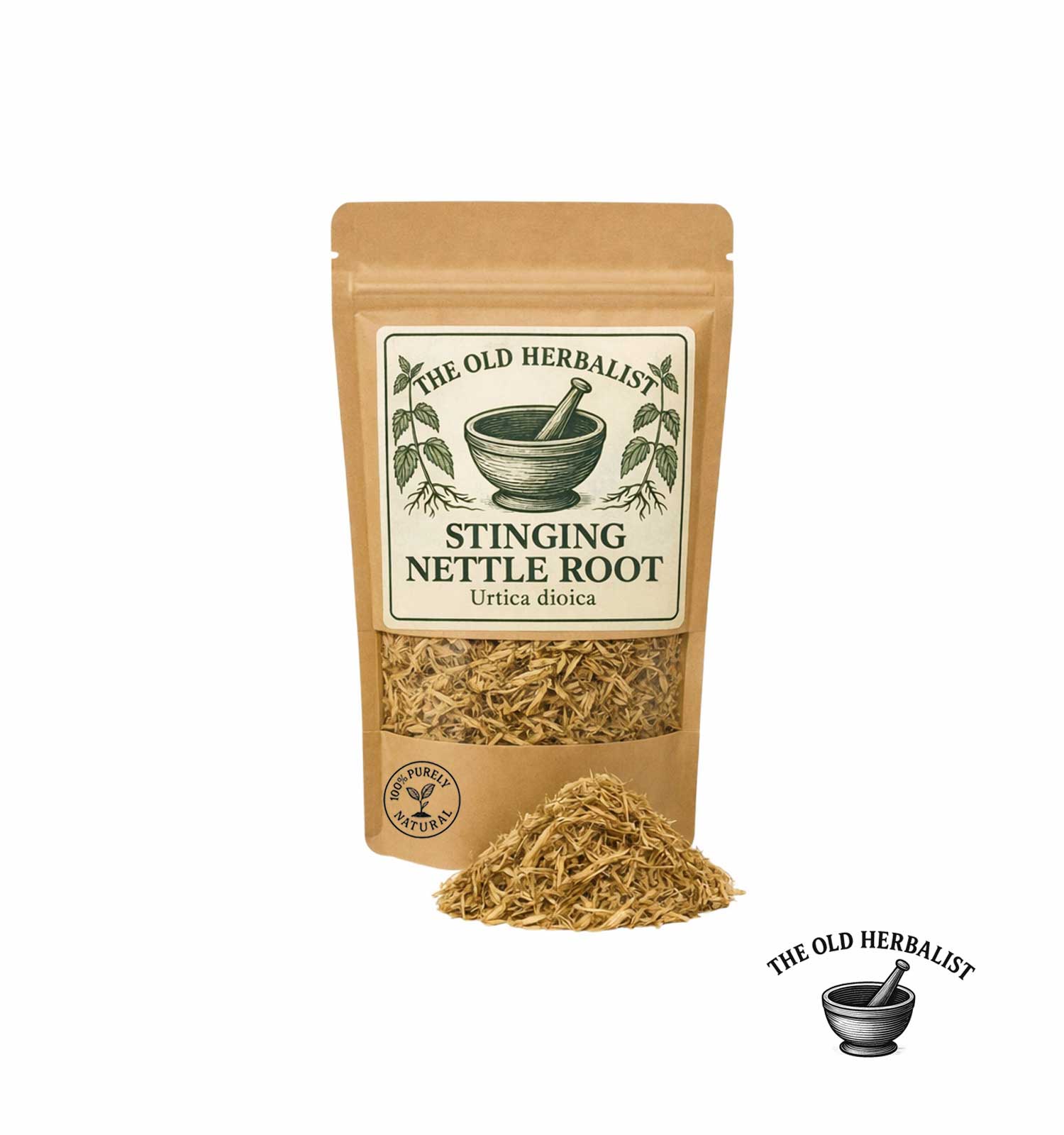 Dried stinging nettle root in kraft pouch – herbal root ingredient.
