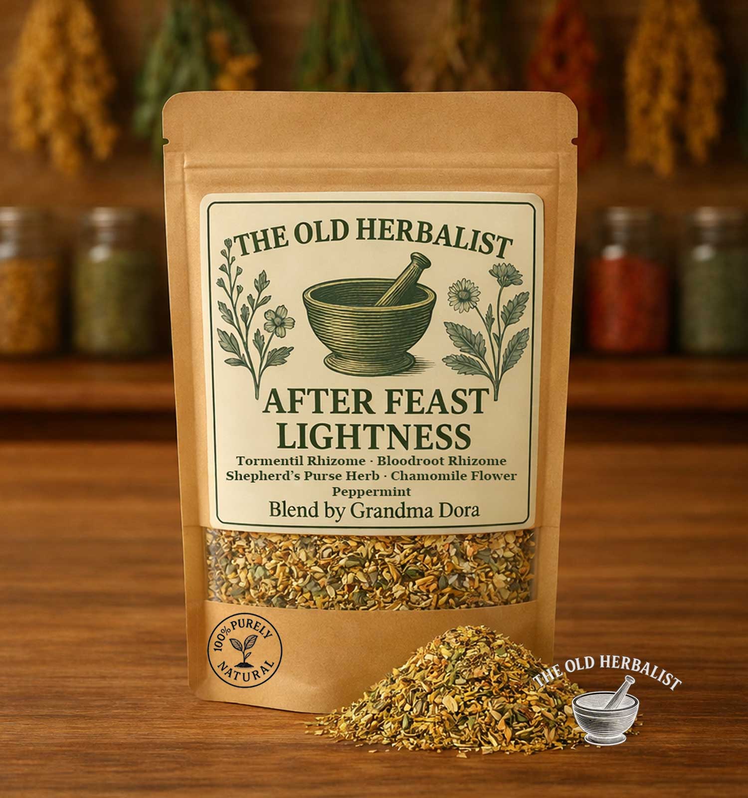 After Feast Lightness herbal digestive tea blend in kraft pouch
