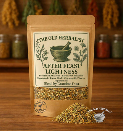 After Feast Lightness herbal digestive tea blend in kraft pouch
