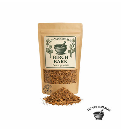 Dried birch bark in kraft pouch – herbal bark ingredient.
