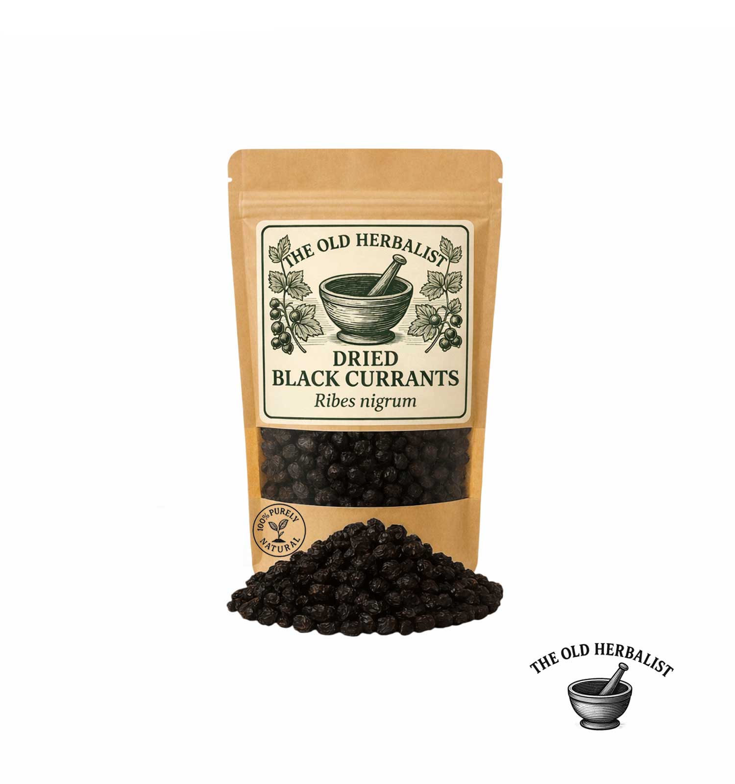Dried black currants in kraft pouch – natural herbal ingredient.
