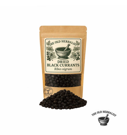Dried black currants in kraft pouch – natural herbal ingredient.
