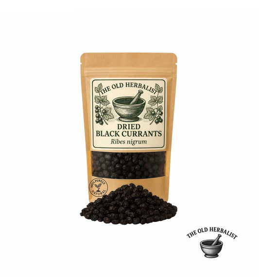 Dried black currants in kraft pouch – natural herbal ingredient.
