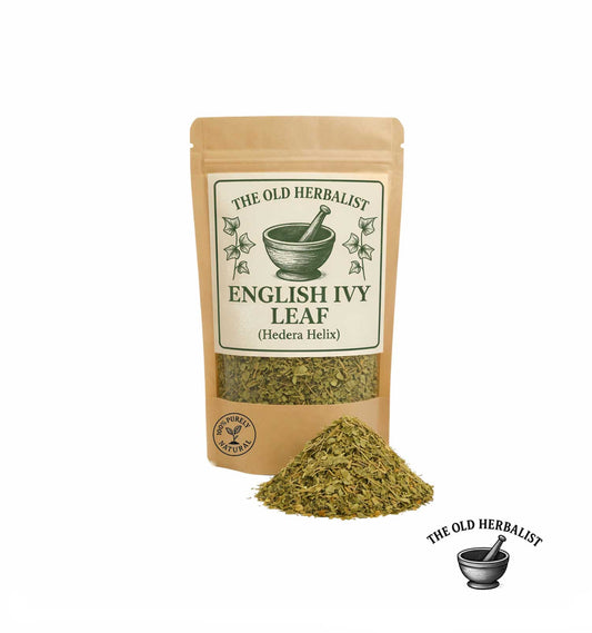 Dried English ivy leaves in kraft pouch – herbal ingredient.
