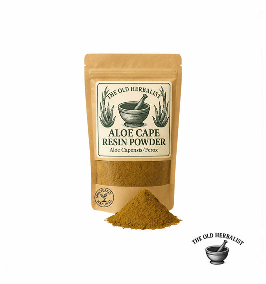 Cape aloe resin powder in kraft pouch – Aloe ferox herbal ingredient.