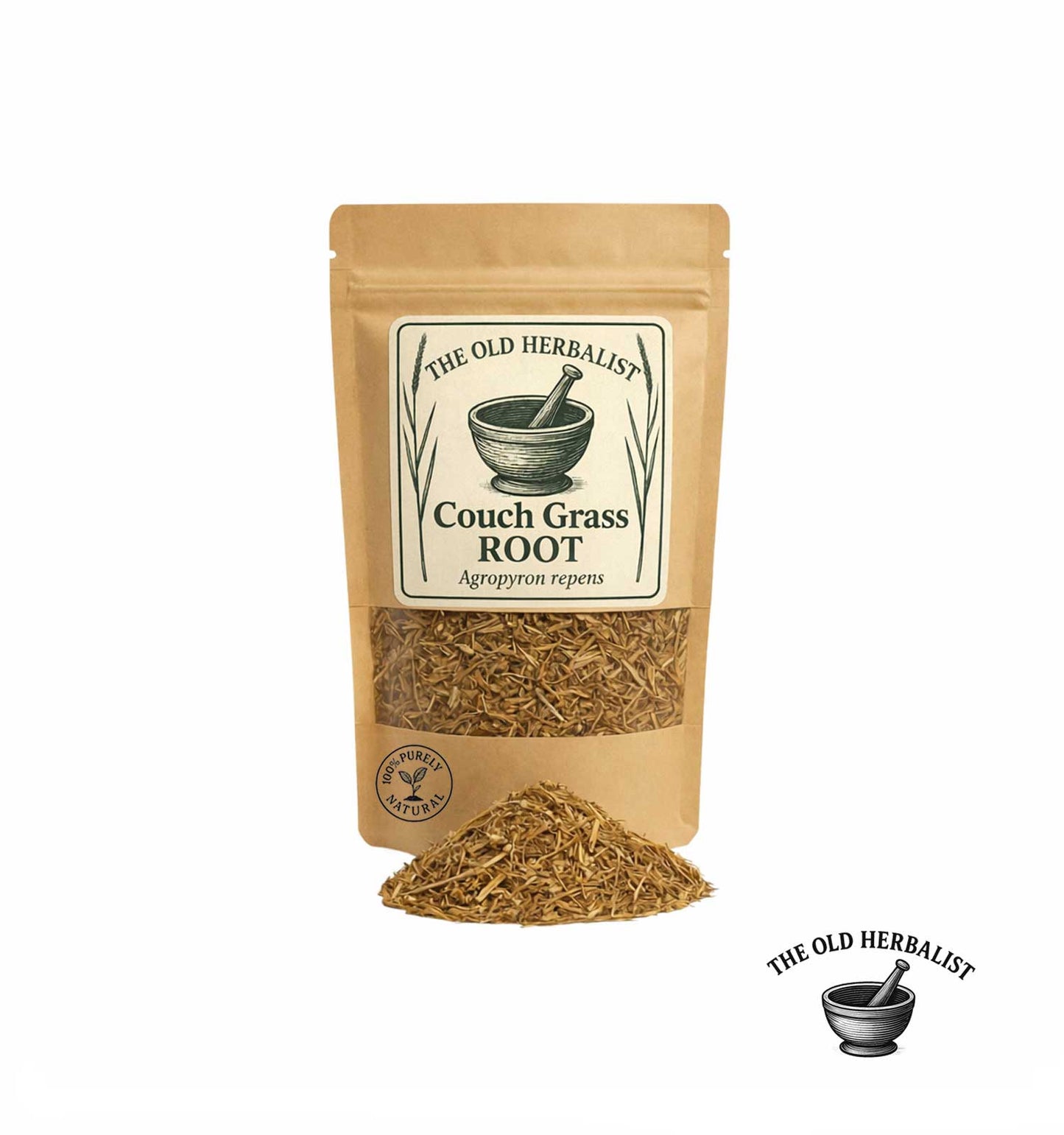 Dried couch grass root in kraft pouch – herbal root ingredient.
