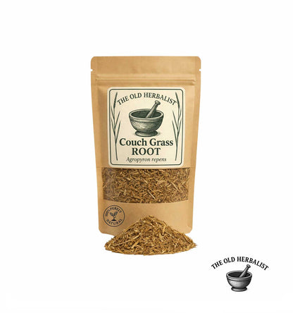 Dried couch grass root in kraft pouch – herbal root ingredient.
