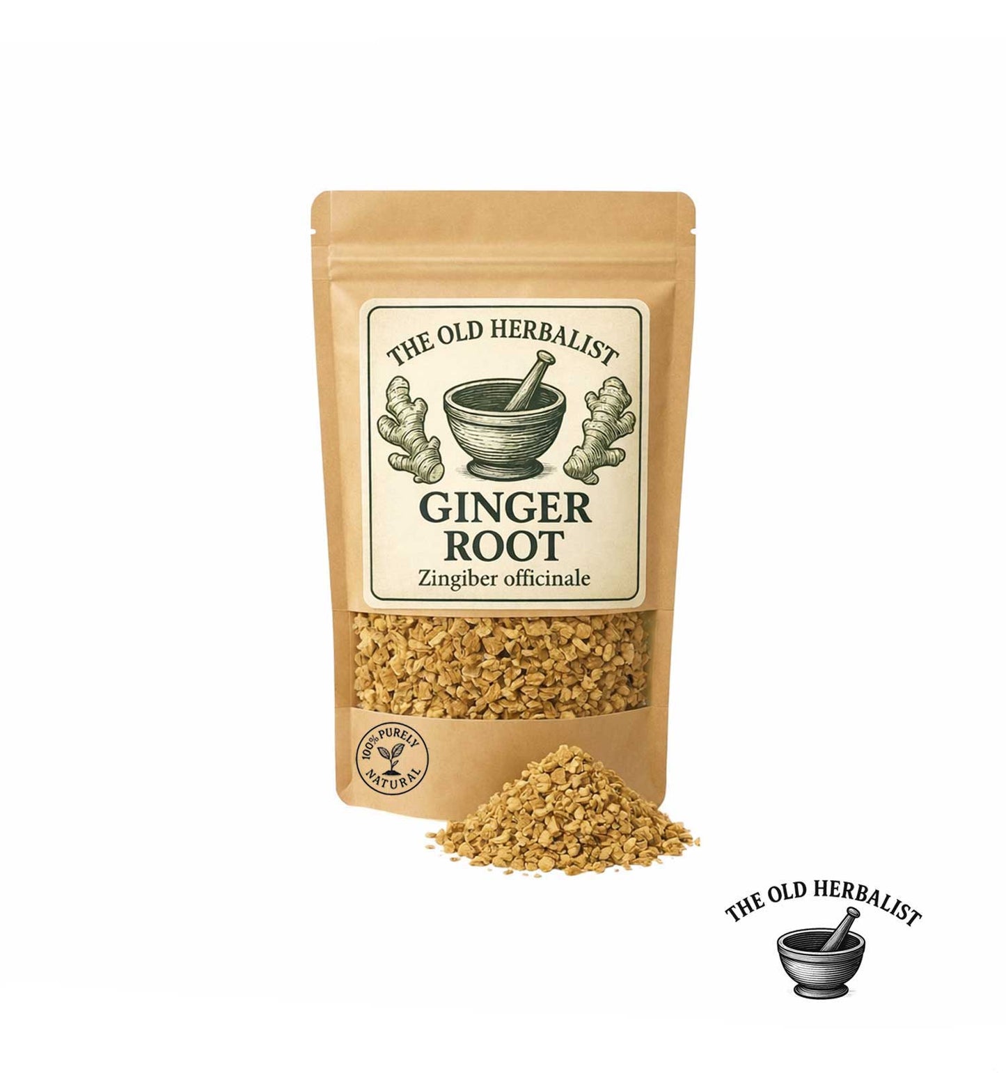 Dried ginger root pieces in kraft pouch – herbal tea ingredient.
