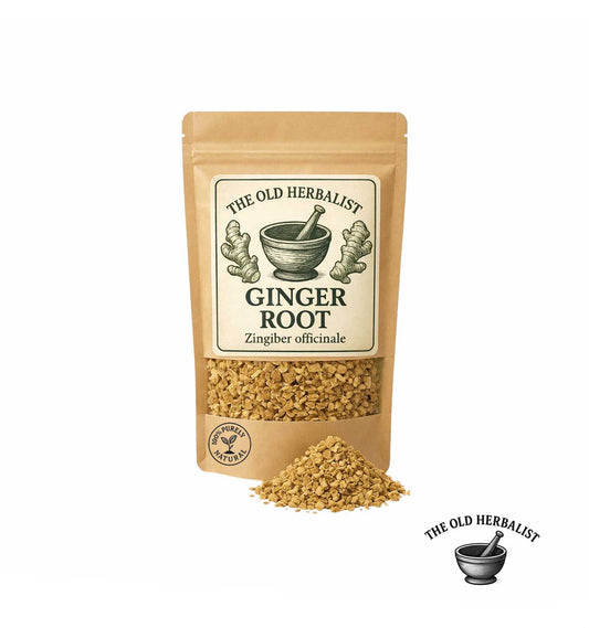 Dried ginger root pieces in kraft pouch – herbal tea ingredient.
