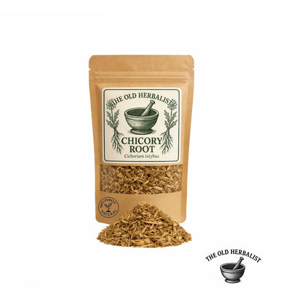 Dried chicory root pieces in kraft pouch – herbal coffee alternative.
