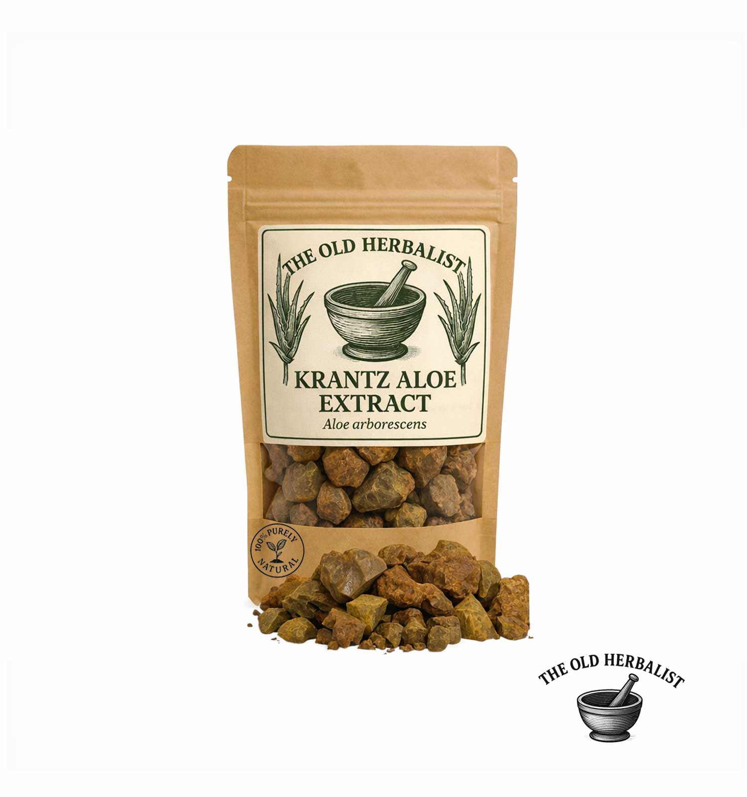 Dried Krantz aloe extract pieces in kraft pouch – herbal ingredient.
