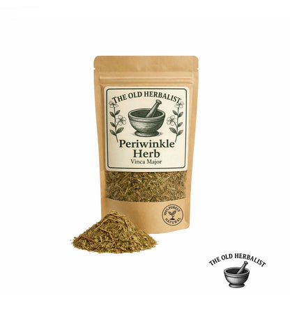 Dried periwinkle herb leaves in kraft pouch – Vinca major.
