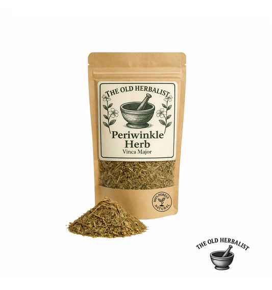 Dried periwinkle herb leaves in kraft pouch – Vinca major.
