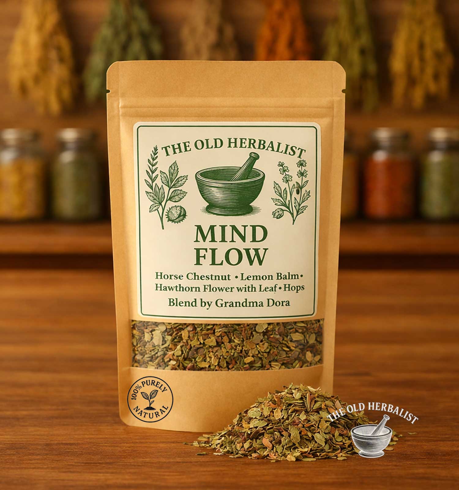 Mind Flow herbal tea blend in kraft pouch

