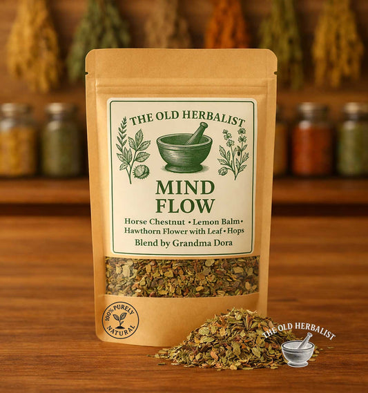 Mind Flow herbal tea blend in kraft pouch
