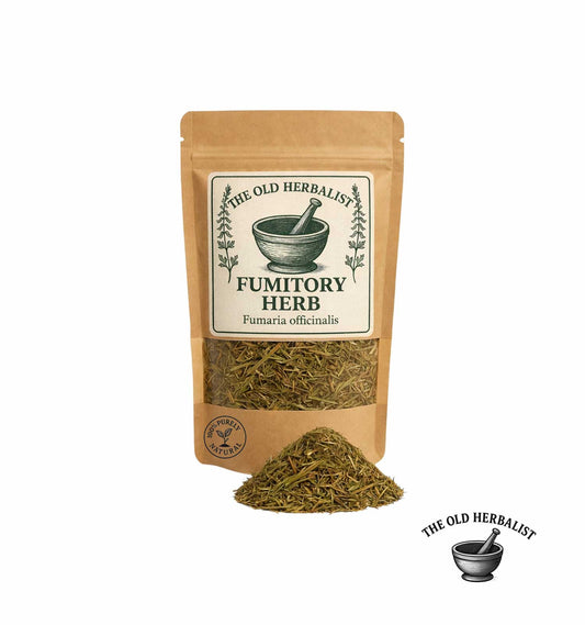Dried fumitory herb in kraft pouch – herbal ingredient.
