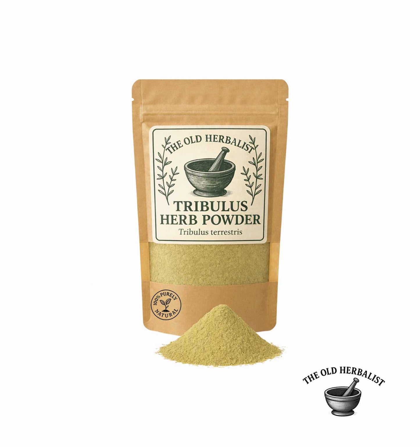 Tribulus terrestris herb powder in kraft pouch – natural herbal powder.
