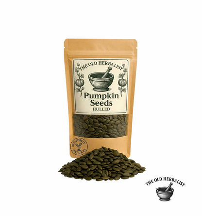 Dried hulled pumpkin seeds in kraft pouch – natural seed product.