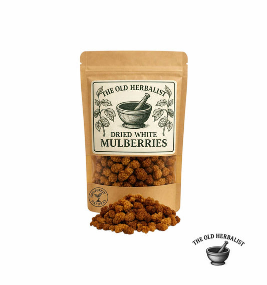 Dried white mulberries in kraft pouch – natural dried fruit.
