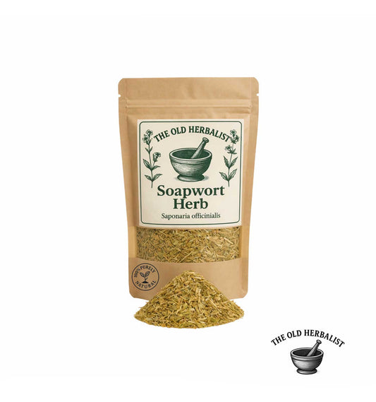 Dried soapwort herb in kraft pouch – natural herbal ingredient.

