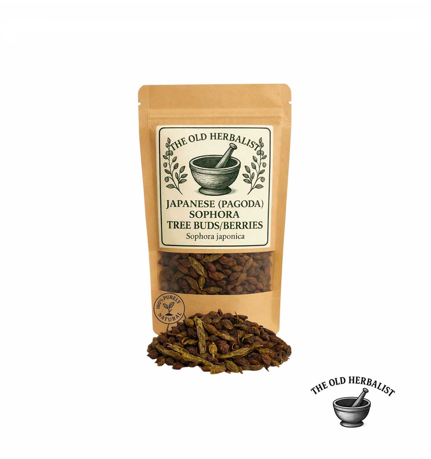 Japanese Sophora buds and berries in kraft pouch – herbal ingredient.
