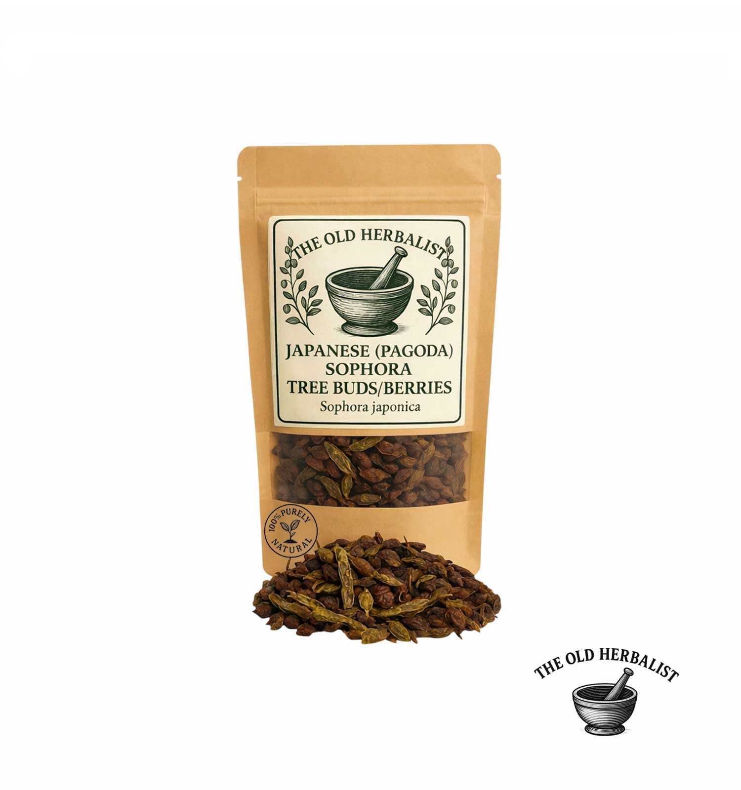 Japanese Sophora buds and berries in kraft pouch – herbal ingredient.
