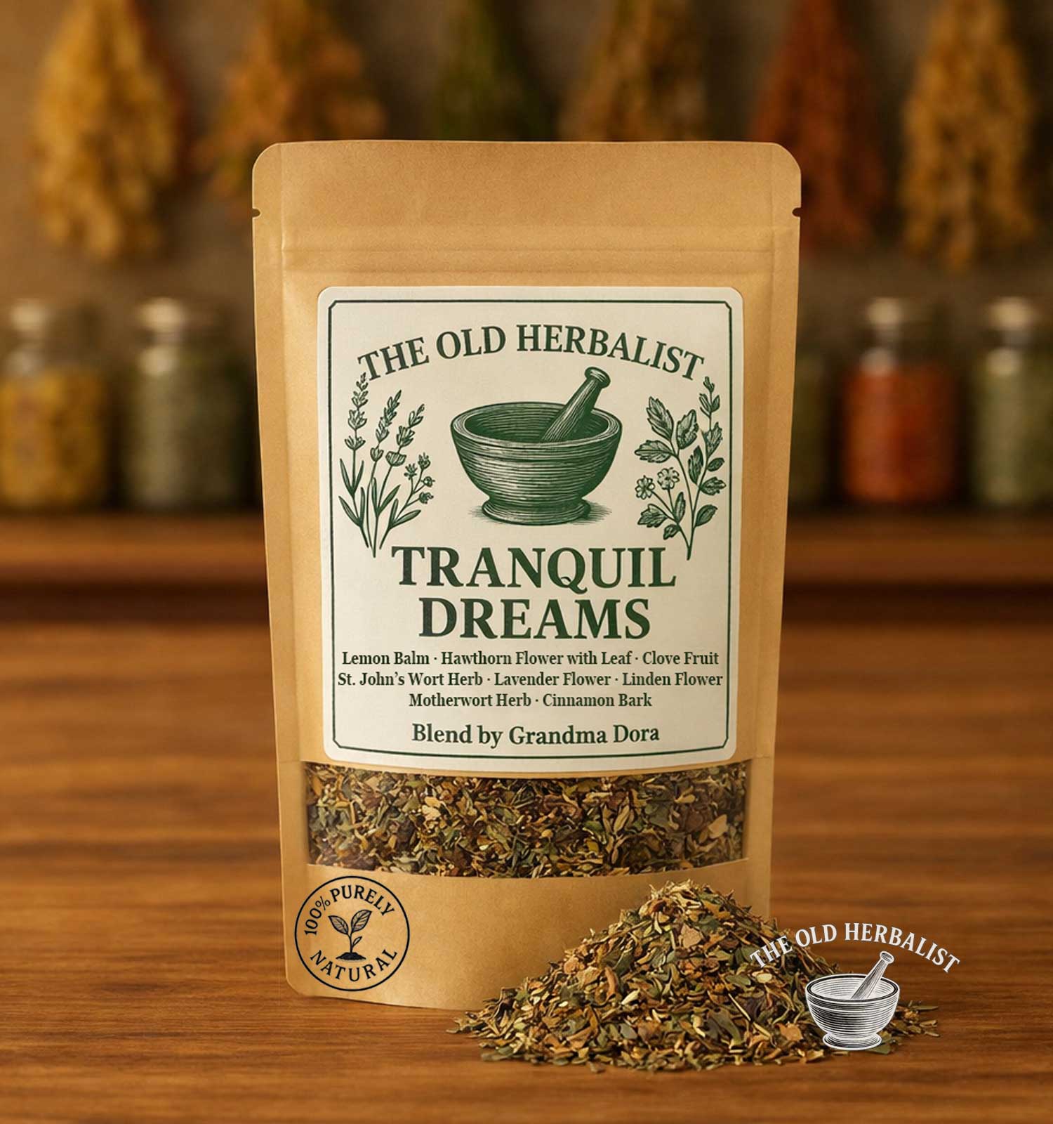 Tranquil Dreams loose leaf herbal tea blend in kraft pouch.