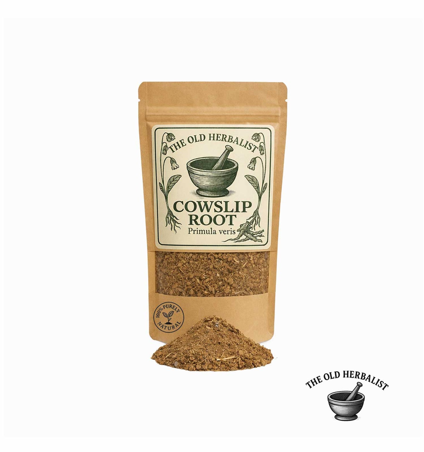 Dried cowslip root in kraft pouch – herbal root ingredient.
