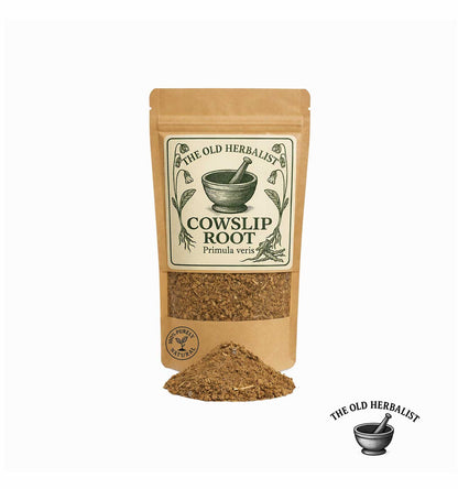 Dried cowslip root in kraft pouch – herbal root ingredient.
