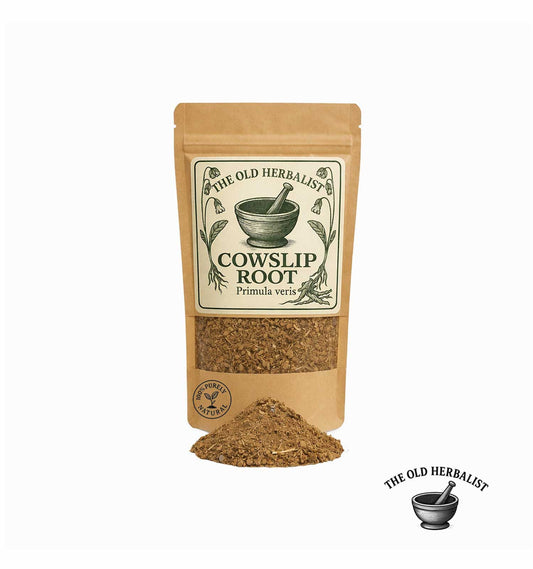 Dried cowslip root in kraft pouch – herbal root ingredient.
