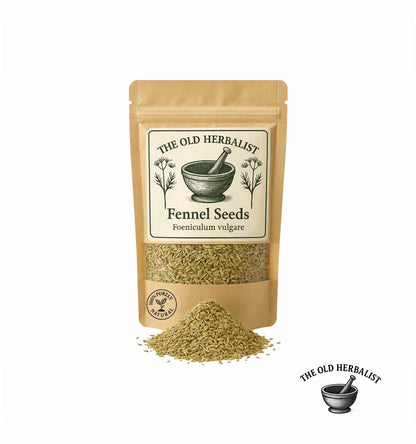 Dried fennel seeds in kraft pouch – herbal spice ingredient.
