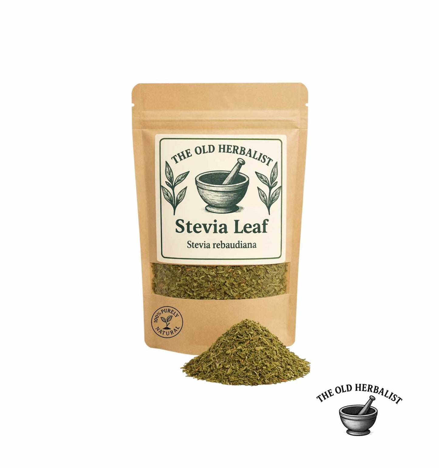 Dried stevia leaves in kraft pouch – natural herbal sweetener.
