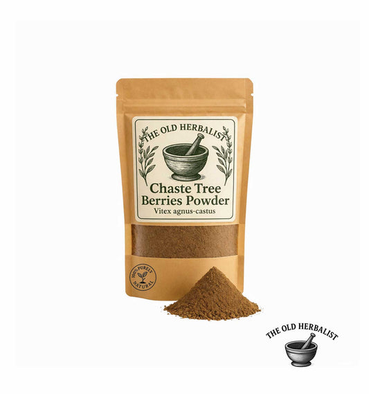 Bag of Chaste Tree Berries Powder with 'The Old Herbalist' branding on a white background