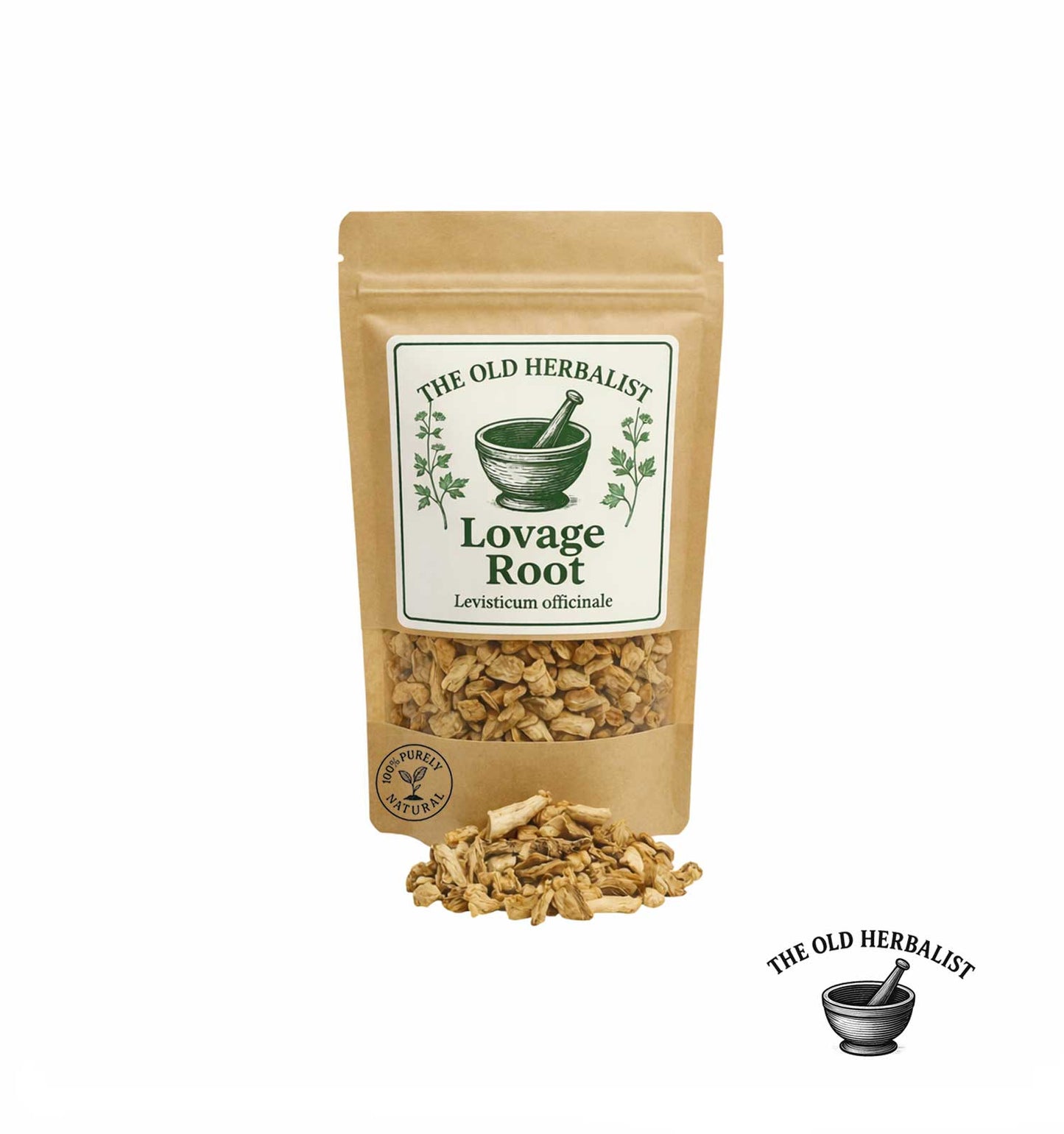 Dried lovage root pieces in kraft pouch – herbal root ingredient.
