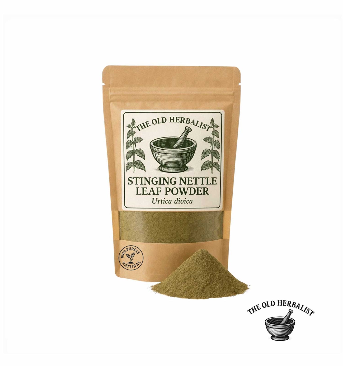 Stinging nettle leaf powder in kraft pouch – herbal powder ingredient.
