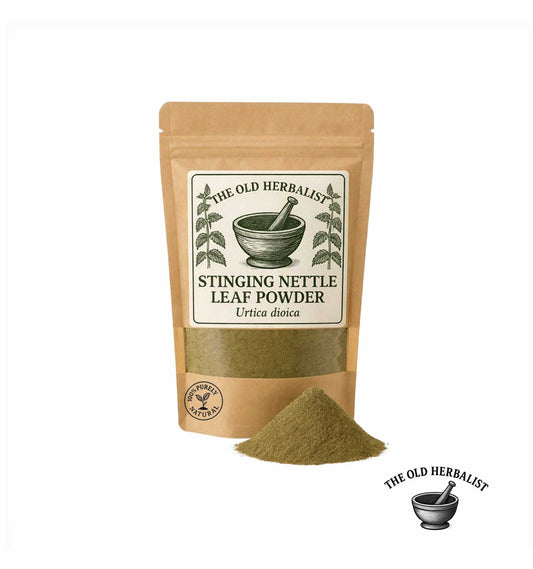 Stinging nettle leaf powder in kraft pouch – herbal powder ingredient.
