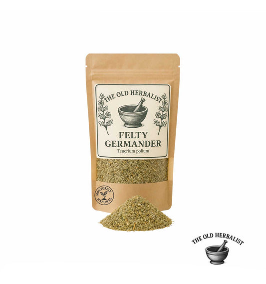 Dried felty germander herb in kraft pouch – Teucrium polium.
