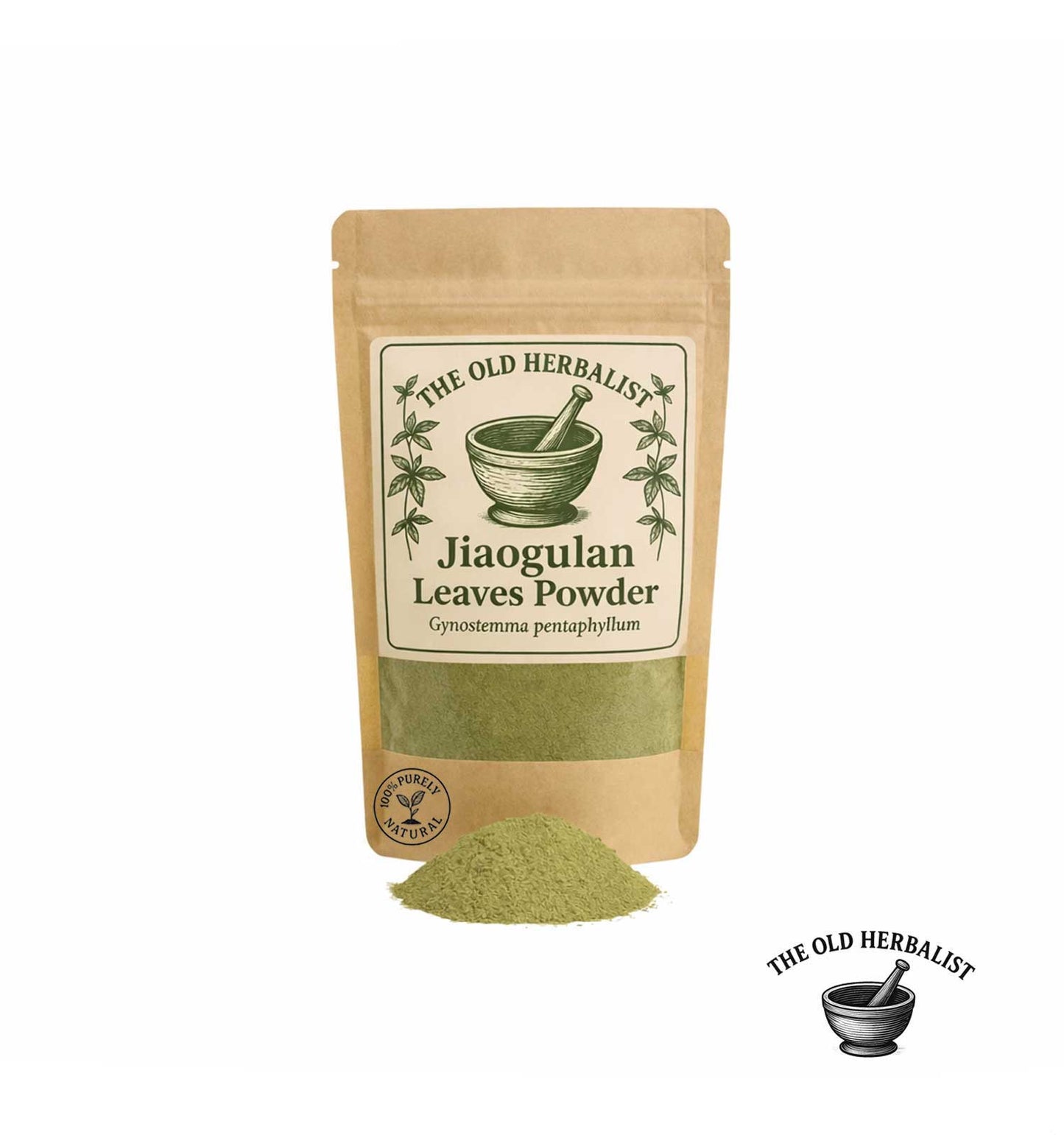 Jiaogulan leaves powder in kraft pouch – herbal adaptogenic ingredient.

